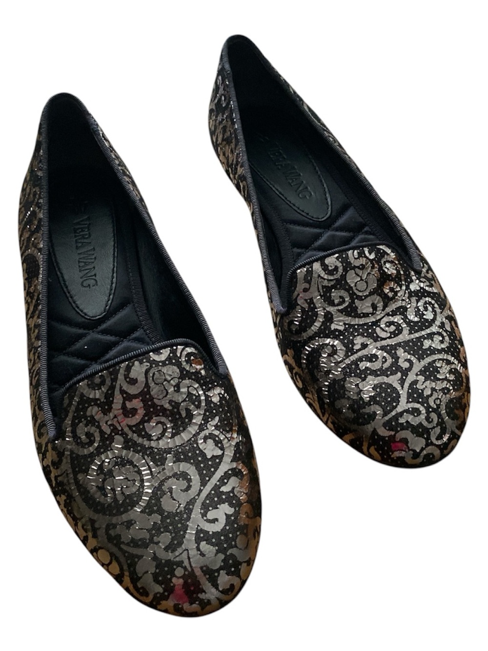 Vera Wang Black Flats with Silver Scroll Sequins